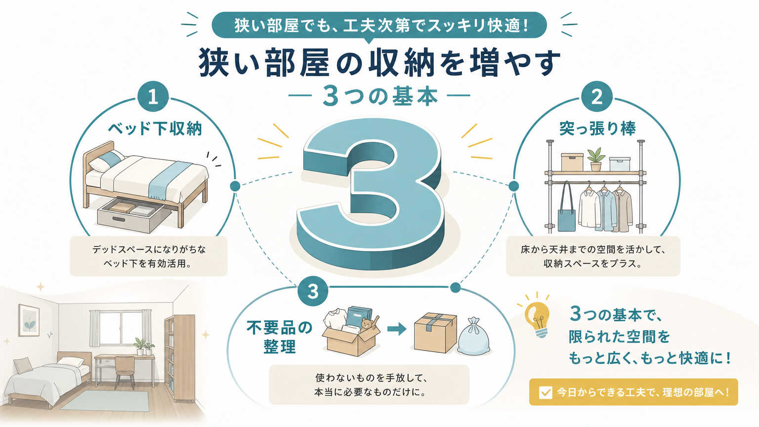 収納を増やす工夫の結論|狭い部屋でも実践できる3つの基本